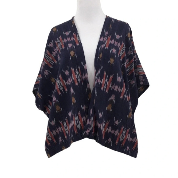 LOFT Blue Pink Aztec Print Cotton Cardigan Womens XS Small Dolman Open Front - Picture 1 of 9